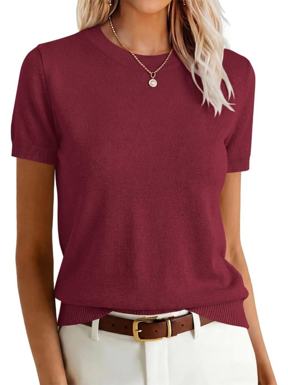 Women's Wine Red Wool Blend Crew Neck Short Sleeve Casual Pull On Sweater